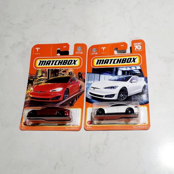 Matchbox Tesla Model S New 2024 Lot of 2 RED WHITE Diecast Cars Elon Musk SpaceX - Picture 1 of 7